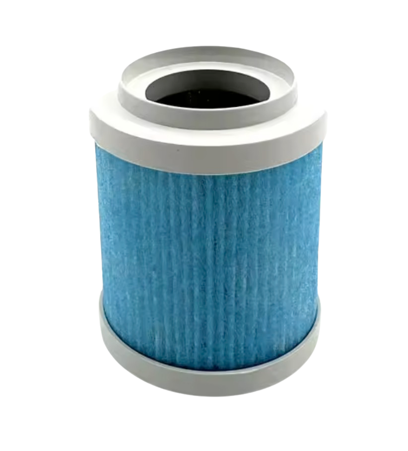 Blue cylindrical air filter with white top and bottom on a white background