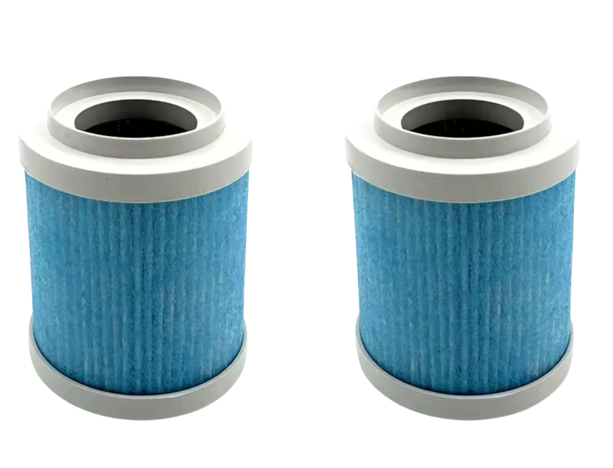 Two blue air filter cartridges with white frames on a white background