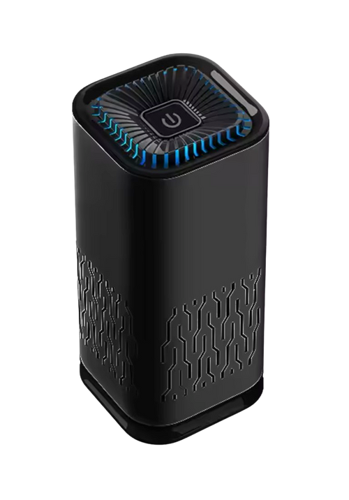 Black electronic device with blue LED lights on a white background