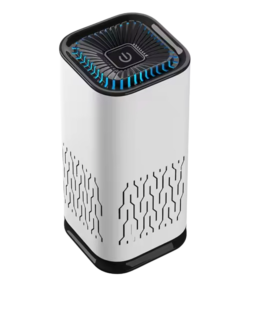White electronic device with black top and circuit-like patterns on a white background