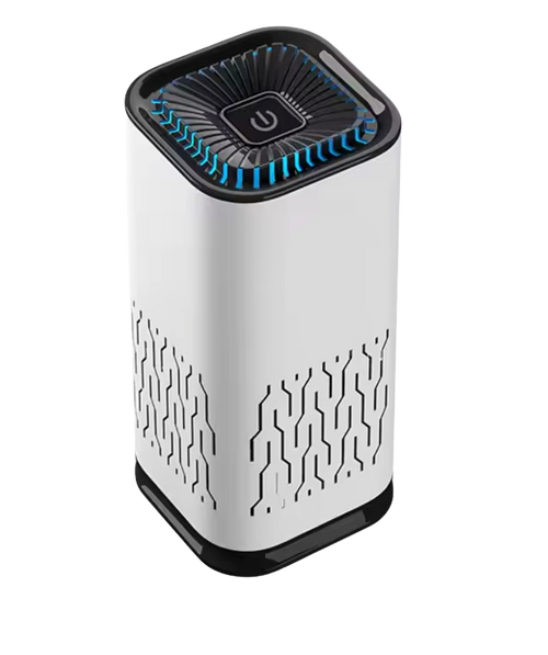 White electronic device with black top and circuit-like patterns on a white background